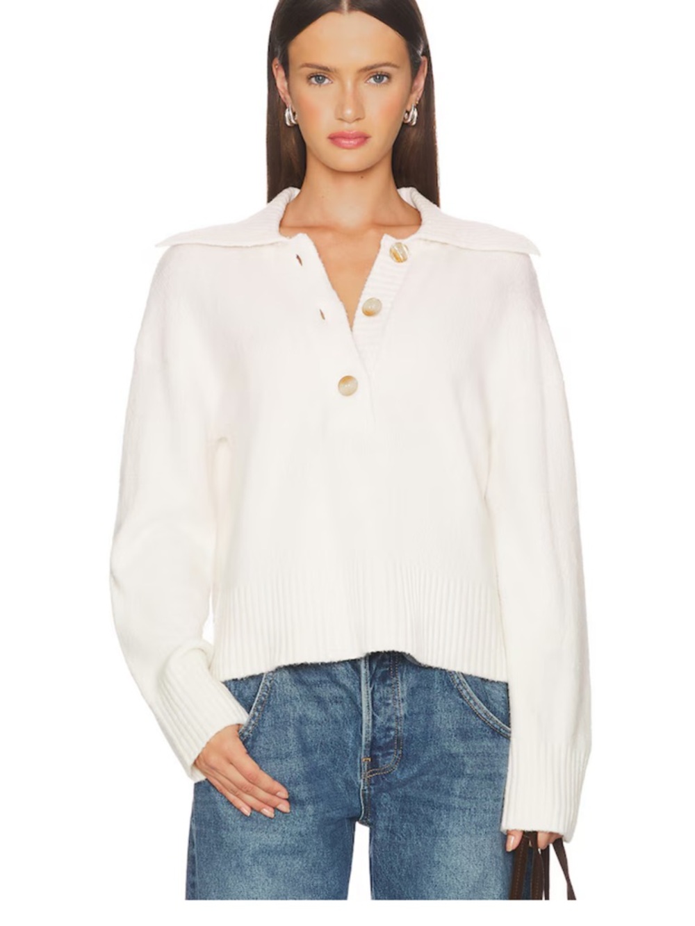 Women’s Cream Button-Front Collared Sweater Trading Up Polo in Ivory
Free People